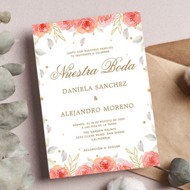 Invitation Orange Floral Or Nuestra Boda Mariage espagnol (Créateur téléchargé)