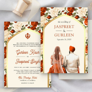 Invitation Orange Floral Punjabi Anand Karaj Sikh Mariage