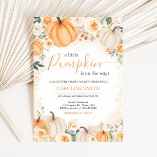 Invitation Orange Floral Verdure Petit Baby shower Citrouille