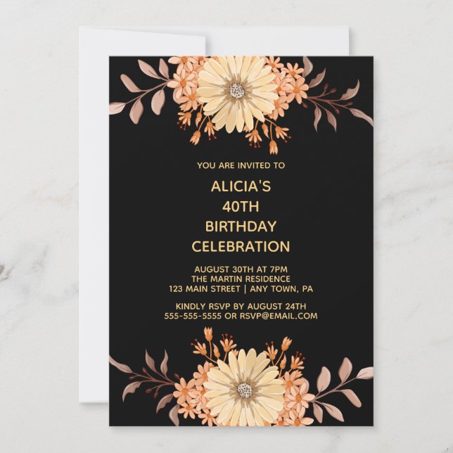 Invitation Orange Flower Gold Typographie Noir Anniversaire (Devant)