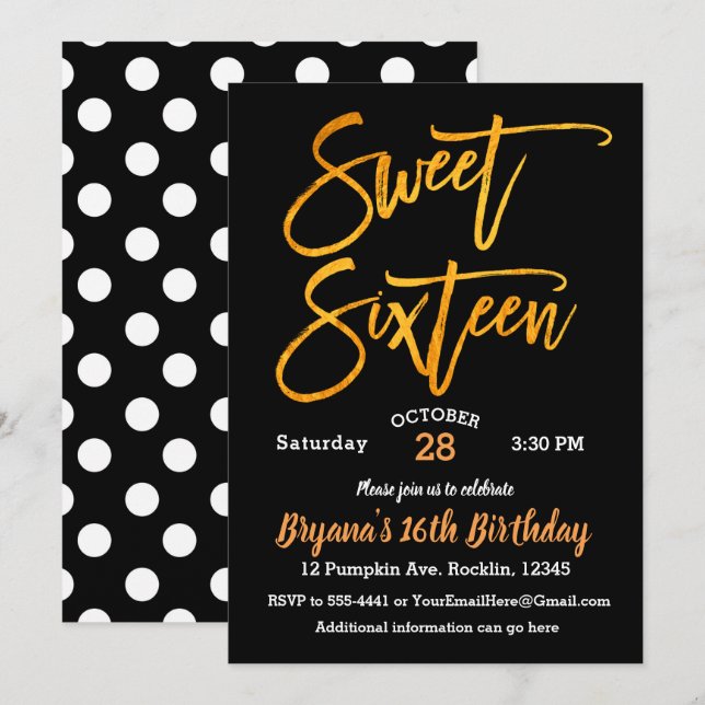 Invitation Orange Foil Sweet 16 Halloween Party Black White (Devant / Derrière)