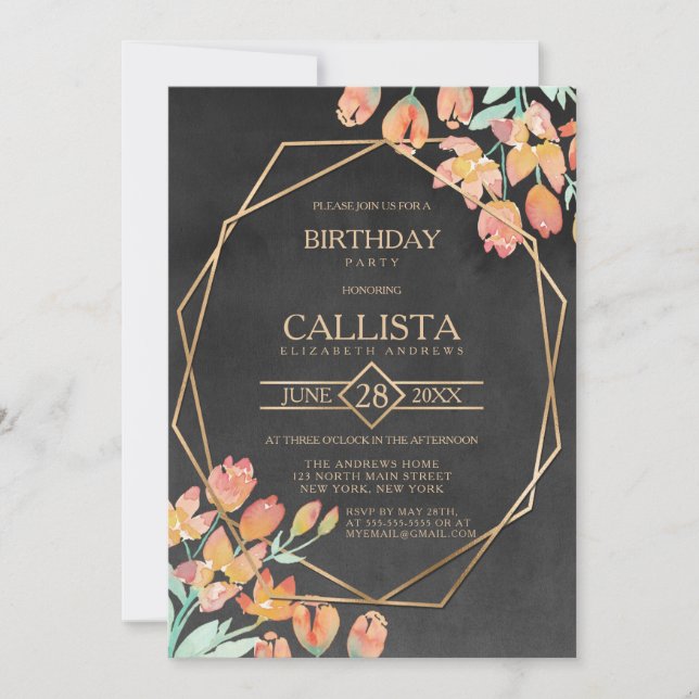 Invitation Orange Gold Black Floral Terrarium fête d'annivers (Devant)