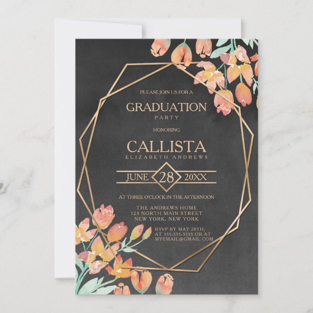 Invitation Orange Gold Black Floral Terrarium Graduation (Devant)