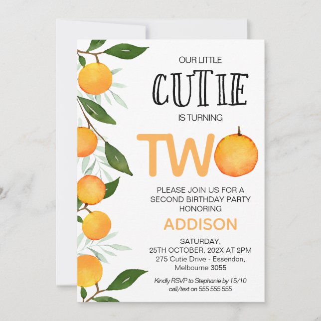 Invitation Orange Green Our Little Cutie 2e anniversaire (Devant)