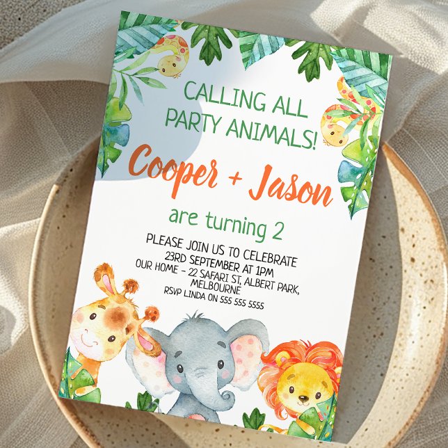Invitation Orange Green Twins Party Animaux Safari Anniversai (Twin Boys Safari Birthday Invitation, Jungle Animals Birthday Invite For Twin Boys Joint Birthday )