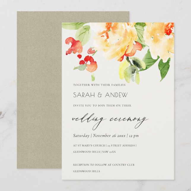 INVITATION ORANGE JAUNE ROSE ROSE ROSE ROSE MARIAGE FLORAL (Devant / Derrière)
