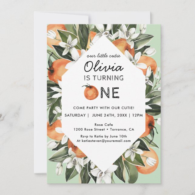 Invitation Orange Little Cutie 1er Anniversaire Fête Invitati (Devant)