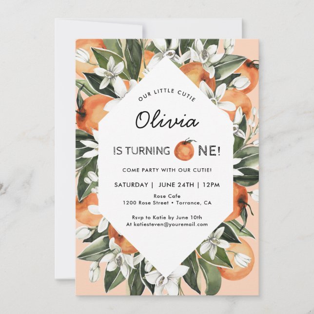 Invitation Orange Little Cutie 1er Anniversaire Fête Invitati (Devant)