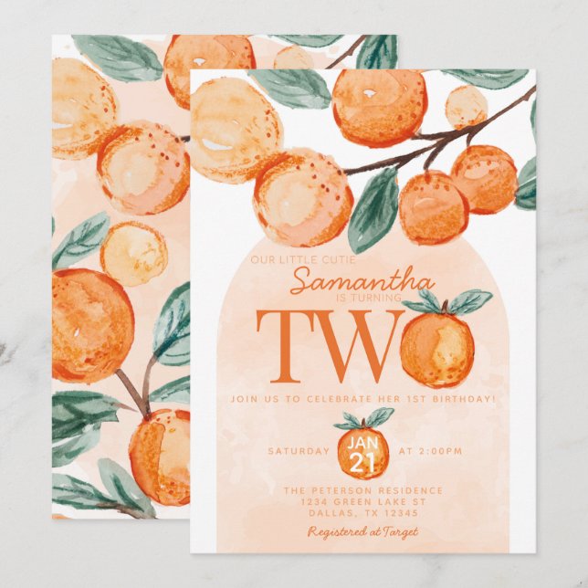 Invitation Orange Little Cutie 2 ans de fête (Devant / Derrière)