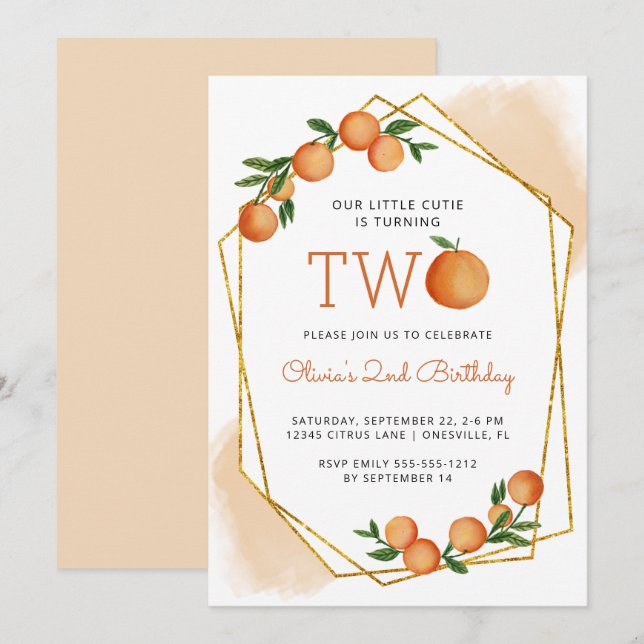 Invitation Orange Little Cutie Citrus 2e fête d'anniversaire (Devant / Derrière)