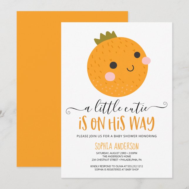 Invitation Orange Little Cutie Citrus Moderne Baby shower Gar (Devant / Derrière)