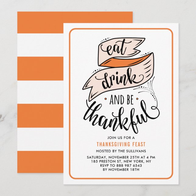 Invitation Orange Mange Boire et être Thanksgiving (Devant / Derrière)
