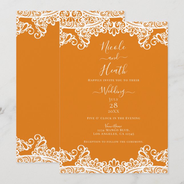 Invitation Orange Mango & White Lace Mariage Élégant  (Devant / Derrière)