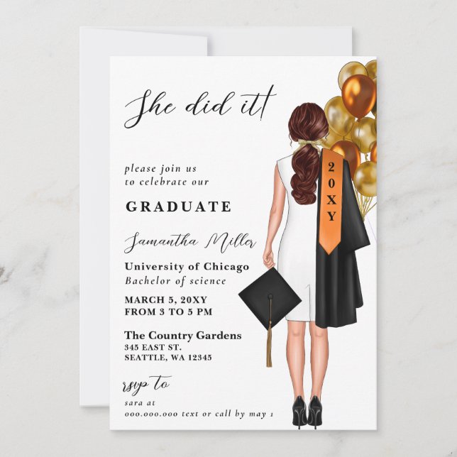 Invitation Orange Minimaliste Photo Elle L'A Fait Graduation (Devant)