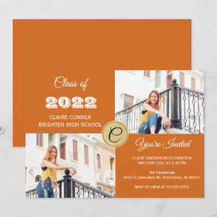 Invitation Orange Monogramme Photo Graduation
