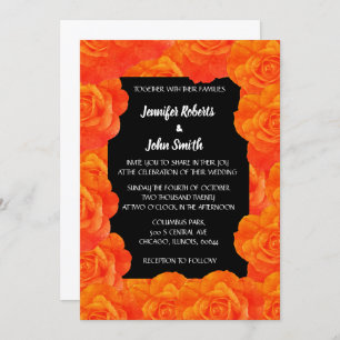 Invitation Orange noir Floral QR Code Rose Fleurs Mariage