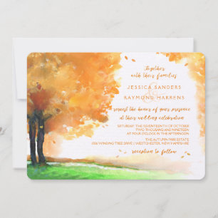 Invitation Orange & Or Arbres d'automne Aquarelle Mariage