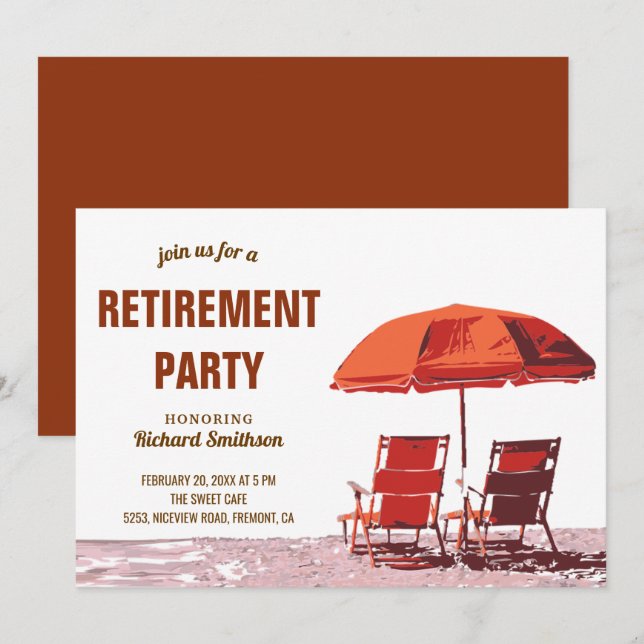 Invitation Orange Parasol Beach Chaises Parti de retraite (Devant / Derrière)