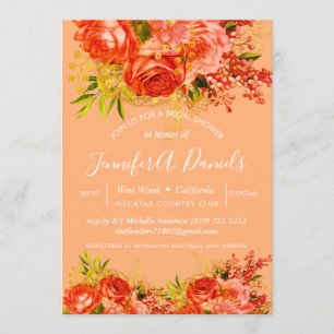 Invitation Orange Peach Gold Foil Roses Fête des mariées