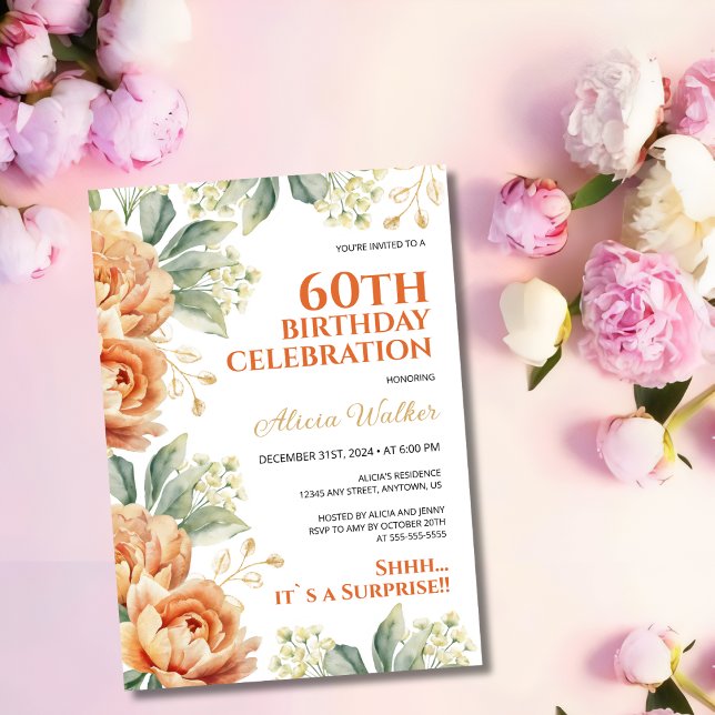 Invitation Orange Peony Floral Gold Leaf Surprise Anniversair (Créateur téléchargé)