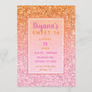 Invitation Orange Pink Sunset Parties scintillant Sweet 16 An