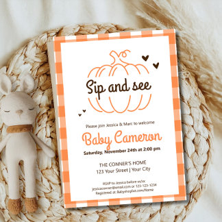 Invitation Orange Plaid Fall Citrouille Sip Et Voir Meet Gree