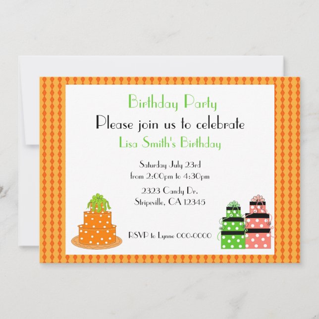Invitation Orange Polka Dot Anniversaire Cake Party Invitatio (Devant)