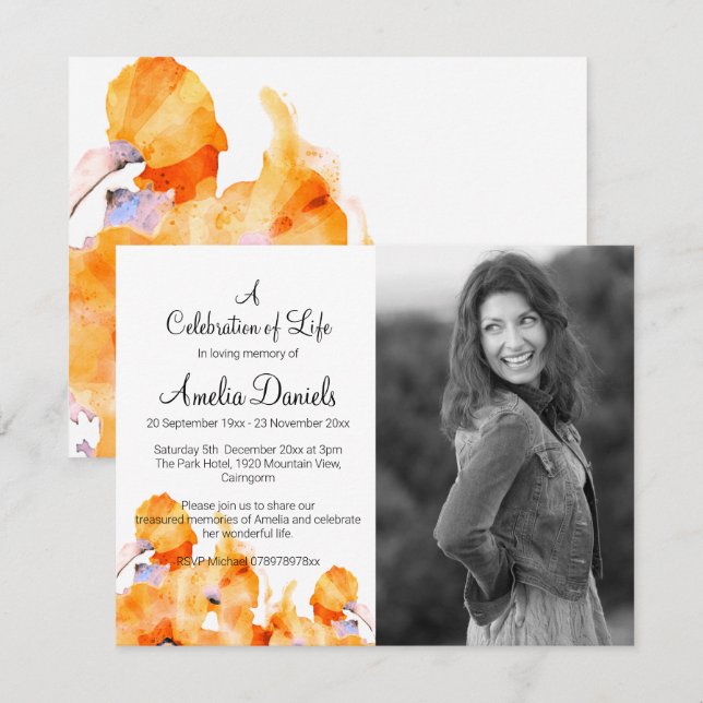 Invitation Orange Poppy Photo Celebration of Life Card (Devant / Derrière)