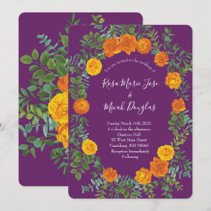 Invitation Orange Purple Plum Peony Rose Floral Mariage