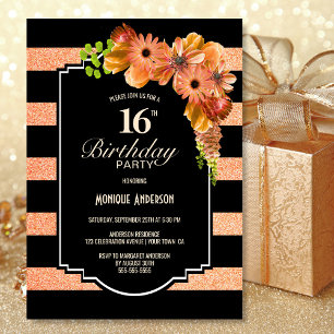 Invitation Orange rayé Floral 16e fête d'anniversaire