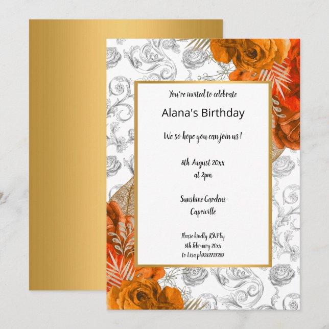 Invitation Orange Red Gold Floral Elégant anniversaire Invita (Devant / Derrière)
