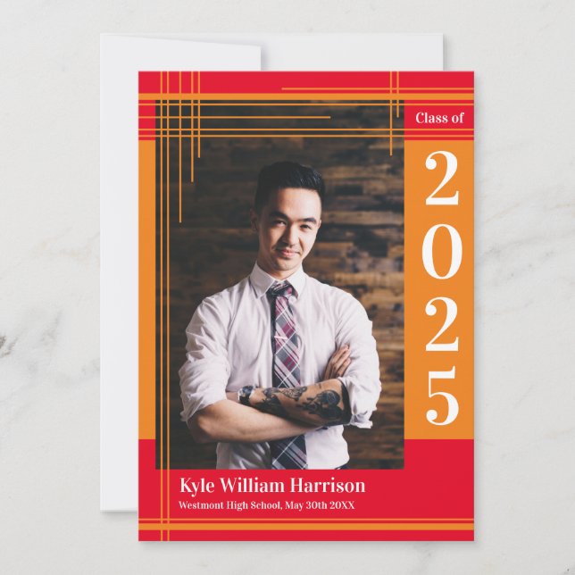 Invitation Orange Red School Colour Graduation Photo Plaid (Devant)