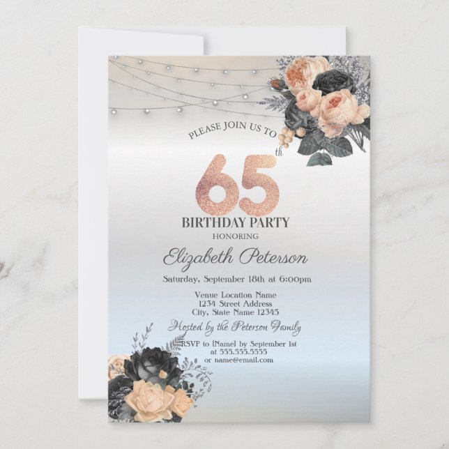 Invitation Orange Rose String Lights Argent 65e anniversaire (Devant)