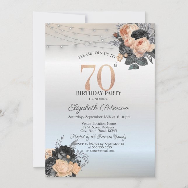 Invitation Orange Rose String Lights Argent 70e anniversaire (Devant)