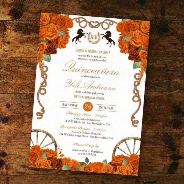 Invitation Orange Rose Western Quinceañera (Créateur téléchargé)