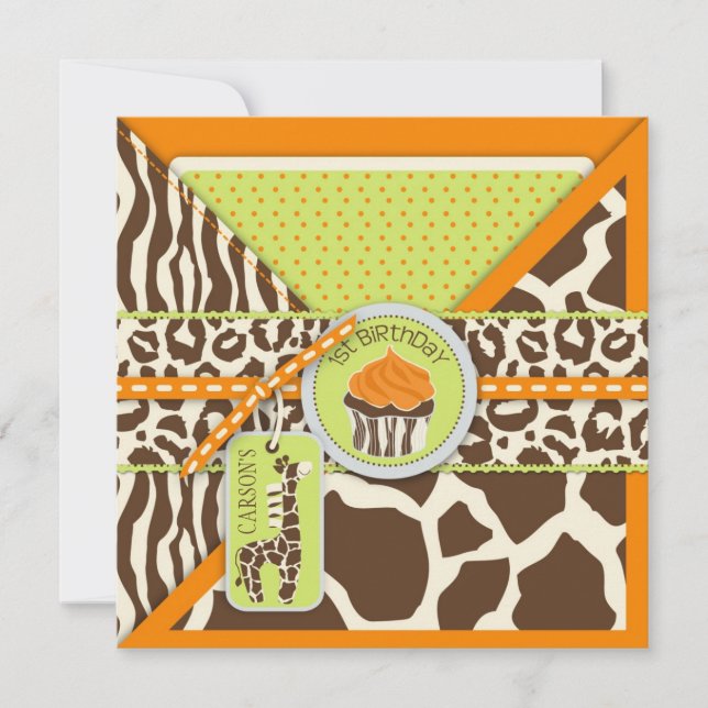 Invitation Orange Safari Giraffe & Cupcake Premier anniversai (Devant)