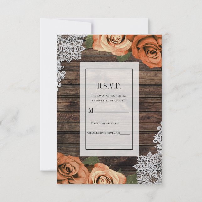 Invitation Orange Spice Rose Russe Dentelle de bois RSVP Répo (Devant)