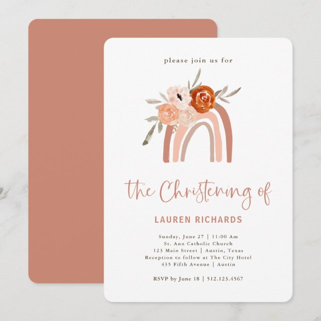 Invitation Orange Terracotta Boho | Rainbow Christening (Devant / Derrière)