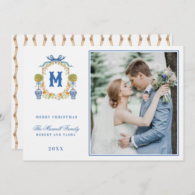 Invitation Orange Topio en Chinoiserie Pot Crest Monogramme (Devant / Derrière)