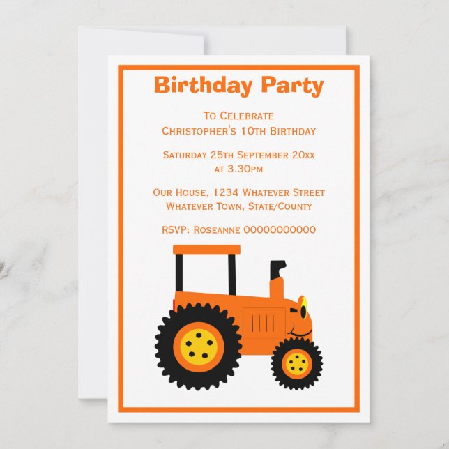 Invitation Orange Tractor Design Personalised Birthday Party (Devant)