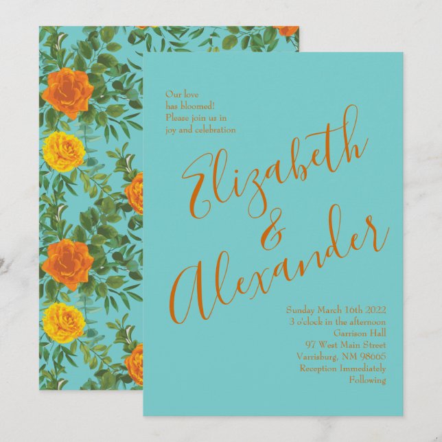 Invitation Orange & Turquoise Aqua Peony & Rose Floral Mariag (Devant / Derrière)