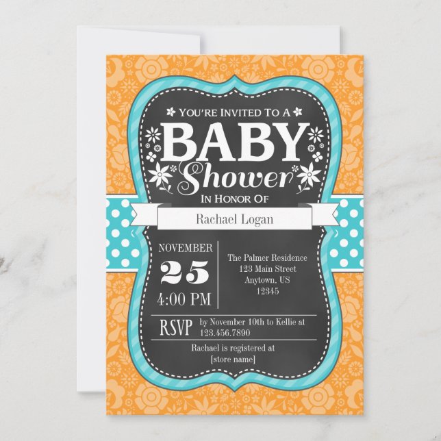 Invitation Orange Turquoise Chalkboard Floral Baby shower Inv (Devant)