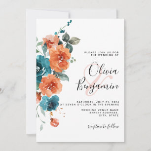 Invitation Orange Turquoise Floral Brûlé Élégant Mariage rust