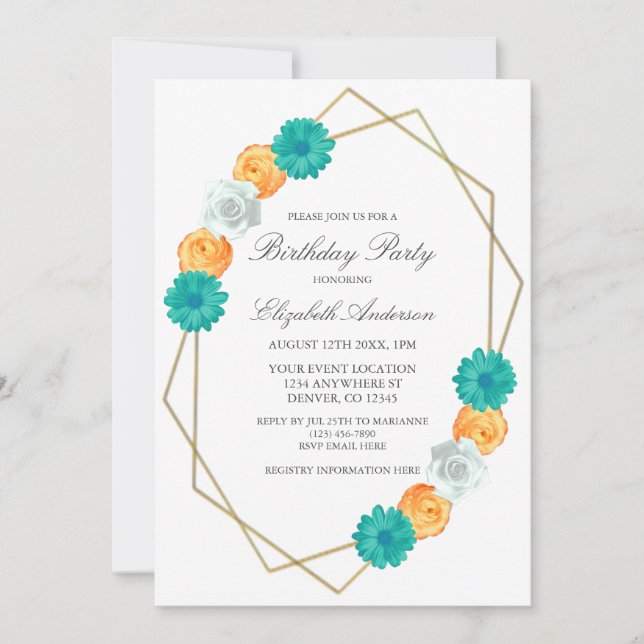 Invitation Orange Turquoise Floral Géométrique (Devant)
