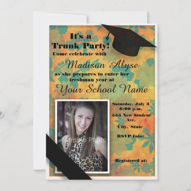 Invitation Orange Turquoise Floral Trunk College Party Photo (Devant)