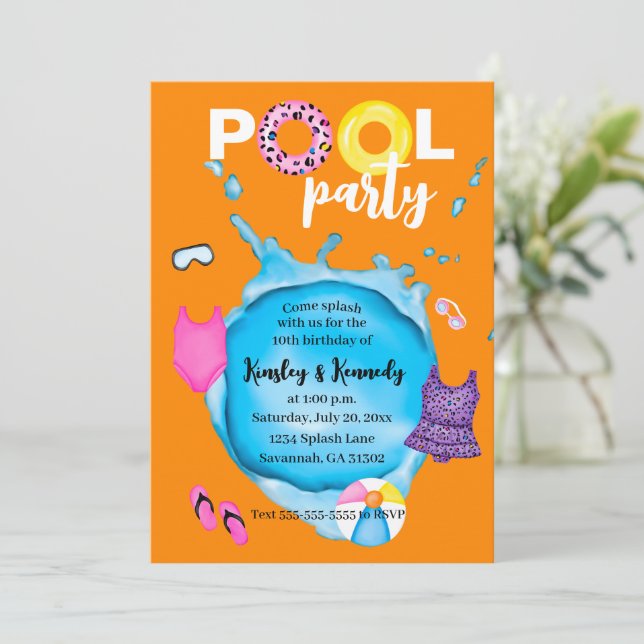 Invitation Orange Twins Pool Party Anniversaire Splash Leopar (Debout devant)