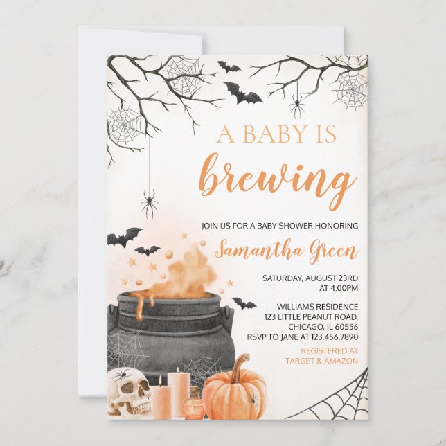 Invitation Orange Un bébé brasse le Baby shower d'Halloween (Devant)