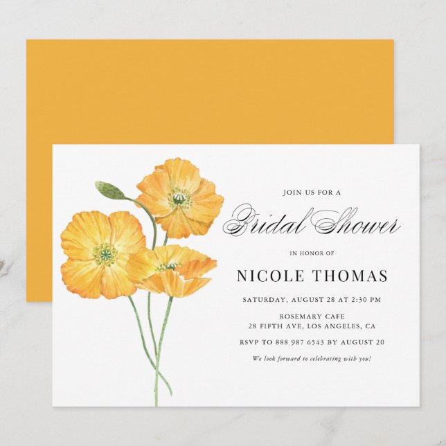 Invitation Orange Watercolor Poppies Fête des mariées botaniq (Devant / Derrière)