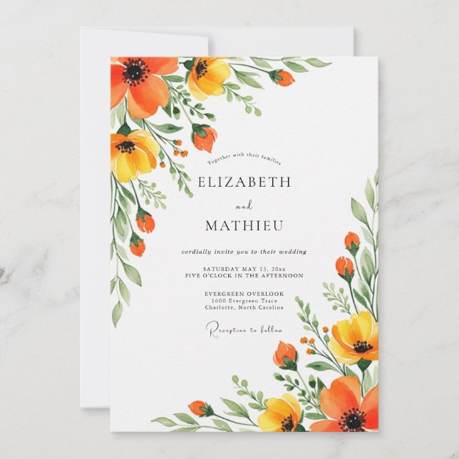 Invitation Orange Yellow Floral Flourish Wedding (Devant)