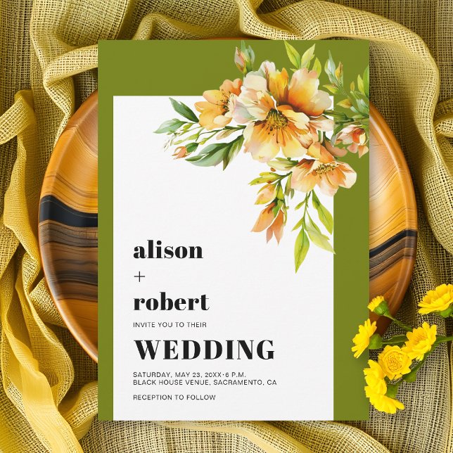 Invitation Orange, yellow rhododendron olive green wedding (Créateur téléchargé)
